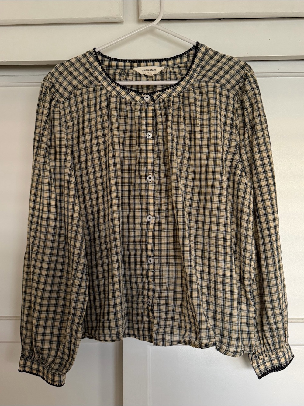 Lucky Brand Cream and Navy Plaid Button-Front Blouse
